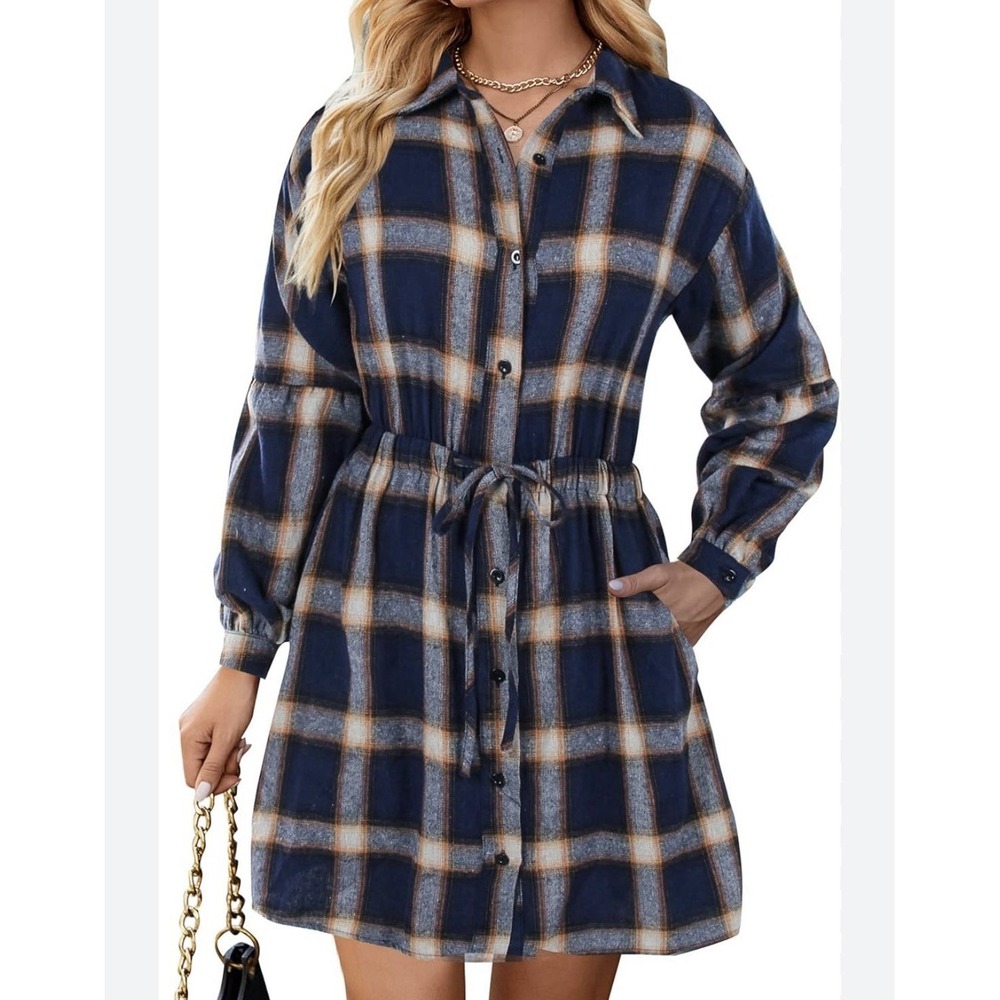 Blooming Jelly Plaid Flannel Shirt Dress With Puff Sleeves & Drawstring Waist S